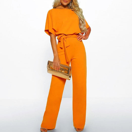 Samantha - Women's Short Sleeve Belted Wide Leg Jumpsuit
