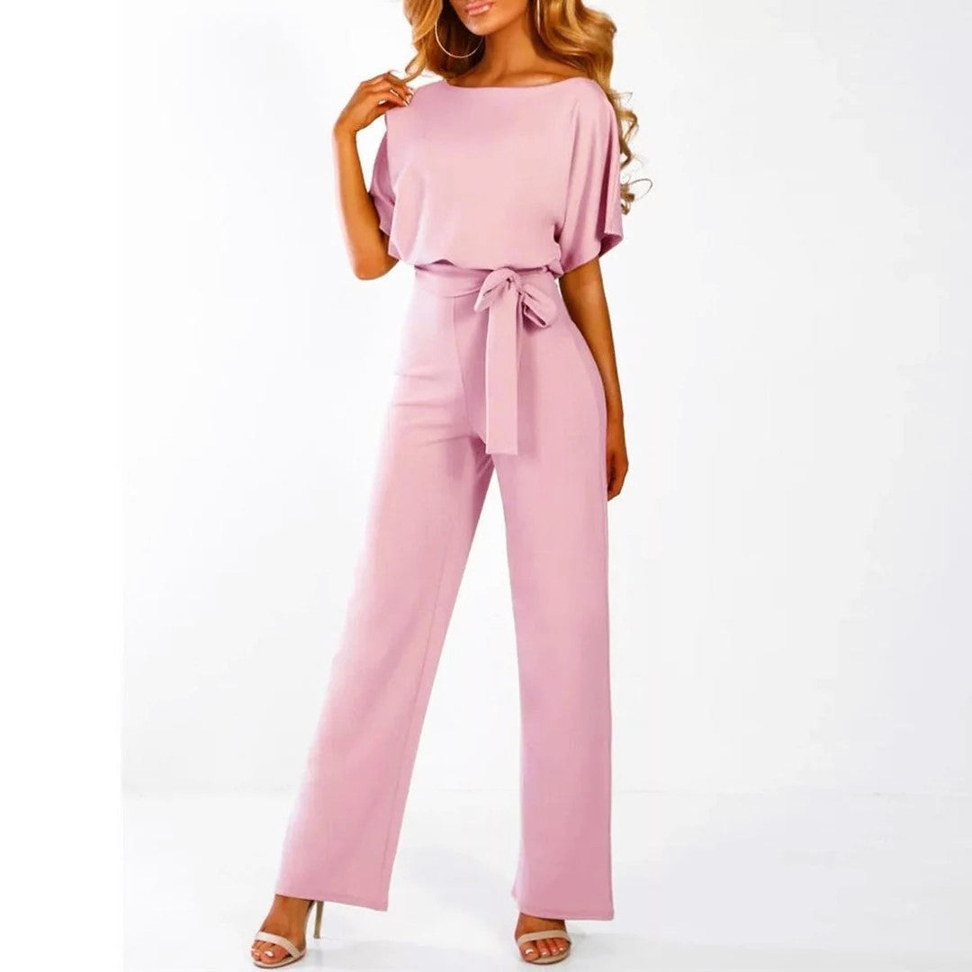 Samantha - Women's Short Sleeve Belted Wide Leg Jumpsuit