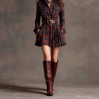 Sofia Amoretti Plaid Mini Shirt Dress with Long Sleeves