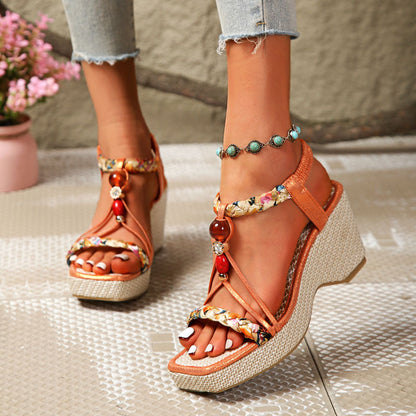 Sofia Amoretti Wedge Sandals with Beaded Strap Detail