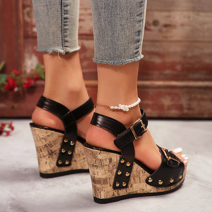 Valentina Rossi Studded Wedge Sandals with Buckle