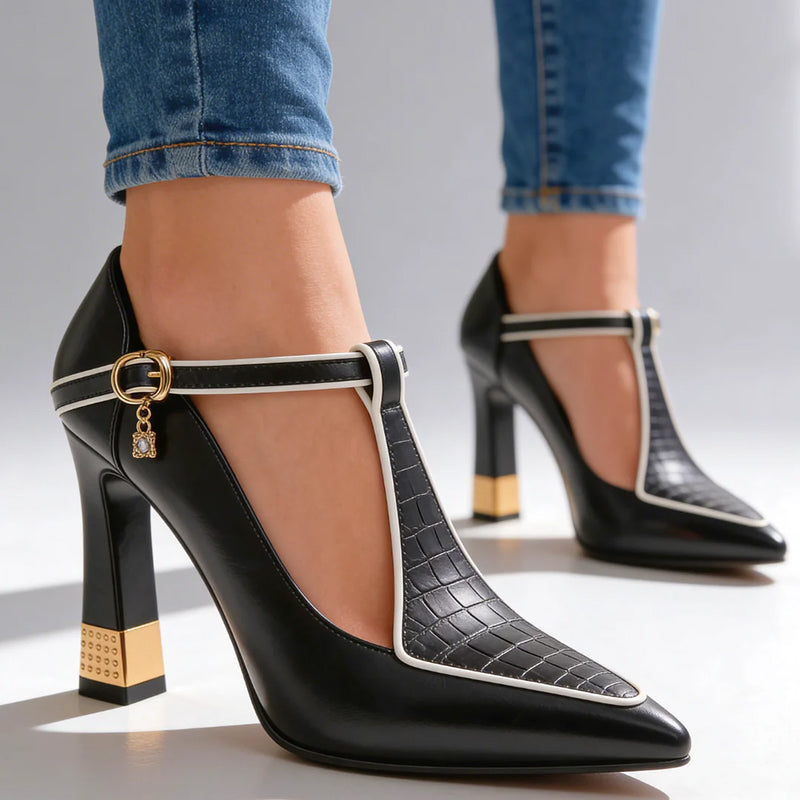 Valentina Rossi T-Strap Heels with Gold Detail