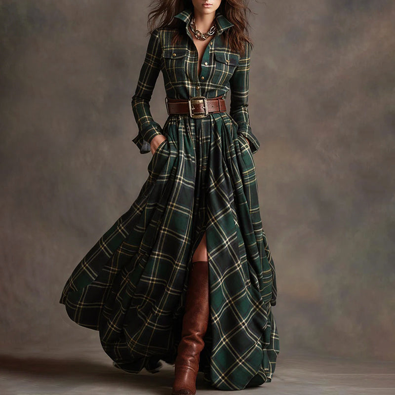 Vintage Plaid Long Maxi Shirt Dress