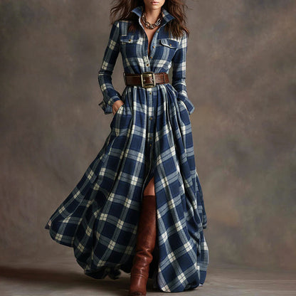 Vintage Plaid Long Maxi Shirt Dress
