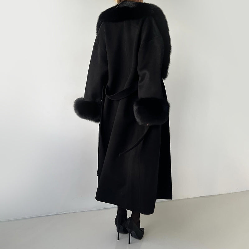 Women’s Belted Long Coat with Faux Fur Trim
