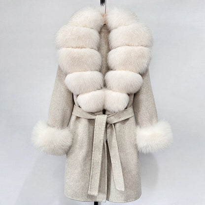 Women’s Belted Wool Coat with Genuine Fur Trim