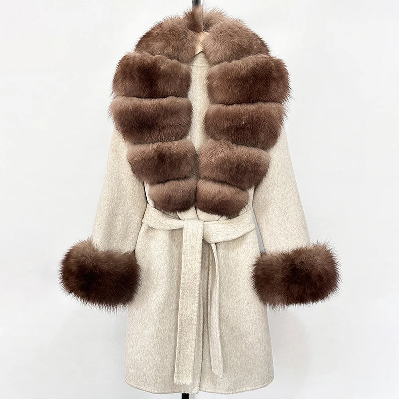 Women’s Belted Wool Coat with Genuine Fur Trim