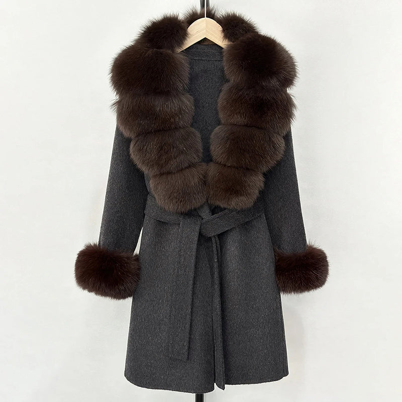 Women’s Belted Wool Coat with Genuine Fur Trim