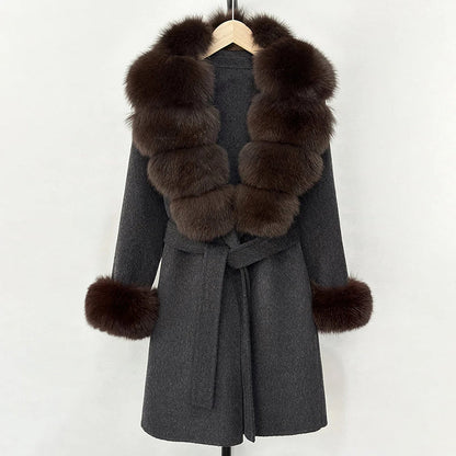 Women’s Belted Wool Coat with Genuine Fur Trim