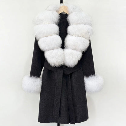 Women’s Belted Wool Coat with Genuine Fur Trim