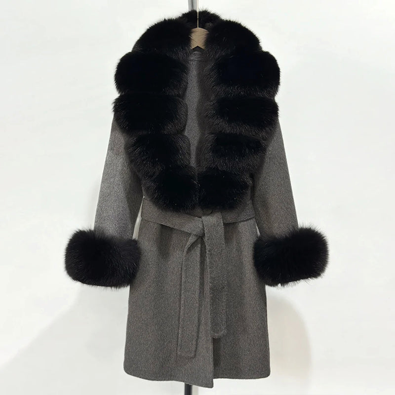 Women’s Belted Wool Coat with Genuine Fur Trim