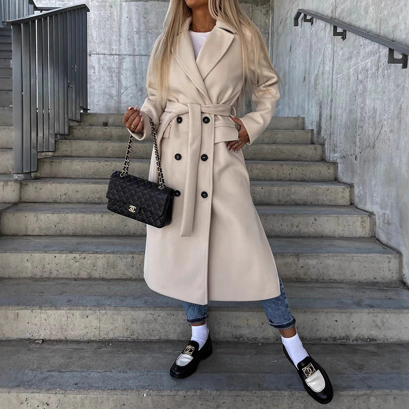 Women’s Double-Button Long Coat with Side Pockets