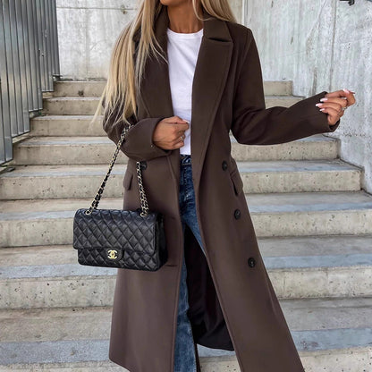 Women’s Double-Button Long Coat with Side Pockets