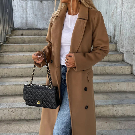 Women’s Double-Button Long Coat with Side Pockets