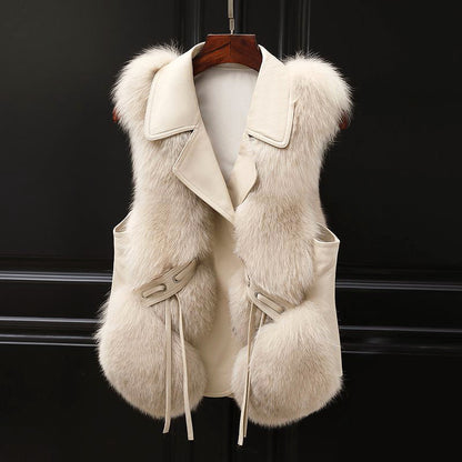 Women’s Faux Fur Vest with Lapel Collar and Waist Tie
