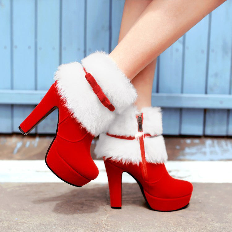 Women’s Festive High-Heel Boots with Fur and Bow Accent