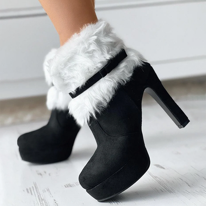Women’s Festive High-Heel Boots with Fur and Bow Accent