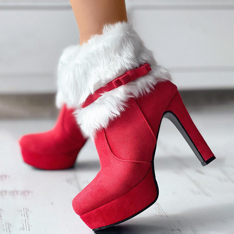 Women’s Festive High-Heel Boots with Fur and Bow Accent