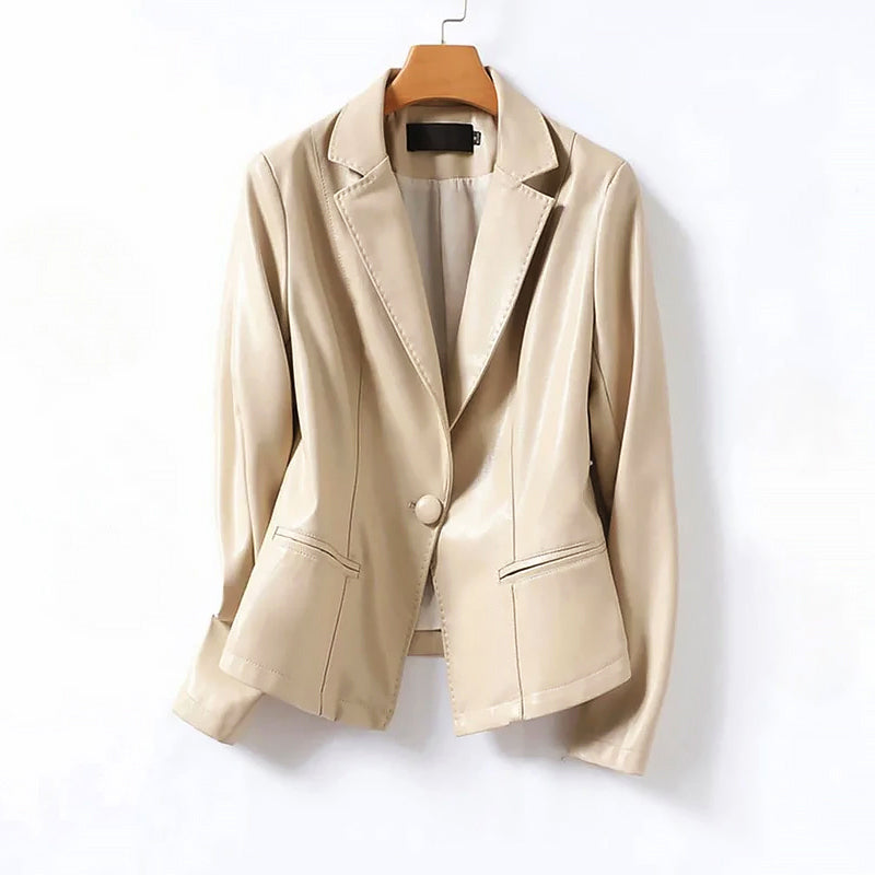 Women’s Genuine Leather One-Button Blazer Jacket