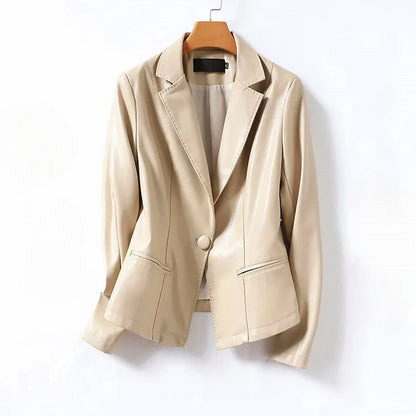 Women’s Genuine Leather One-Button Blazer Jacket