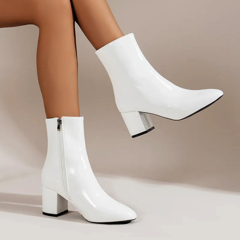 Women’s Glossy Ankle Boots with Side Zipper and Block Heel