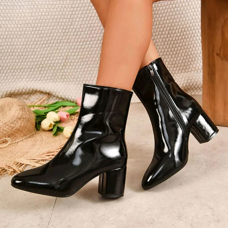 Women’s Glossy Ankle Boots with Side Zipper and Block Heel