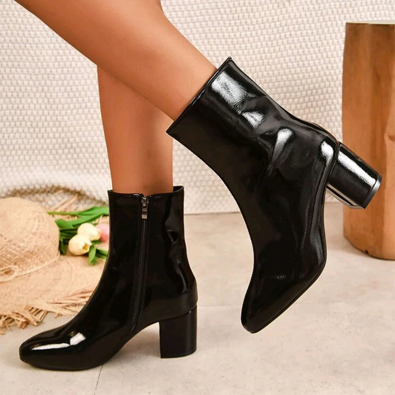 Women’s Glossy Ankle Boots with Side Zipper and Block Heel