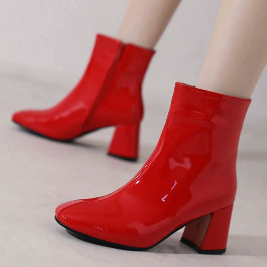 Women’s Glossy Leather Ankle Boots with Block Heel