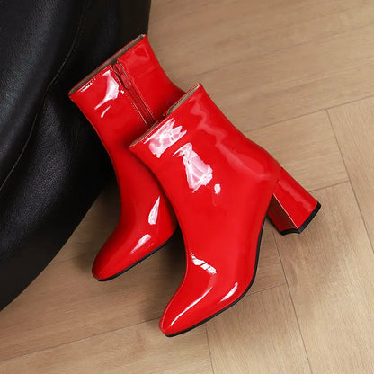 Women’s Glossy Leather Ankle Boots with Block Heel