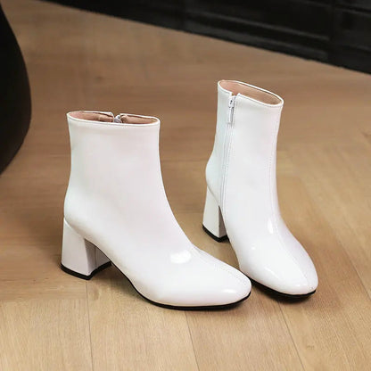 Women’s Glossy Leather Ankle Boots with Block Heel