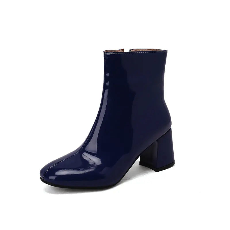 Women’s Glossy Leather Ankle Boots with Block Heel