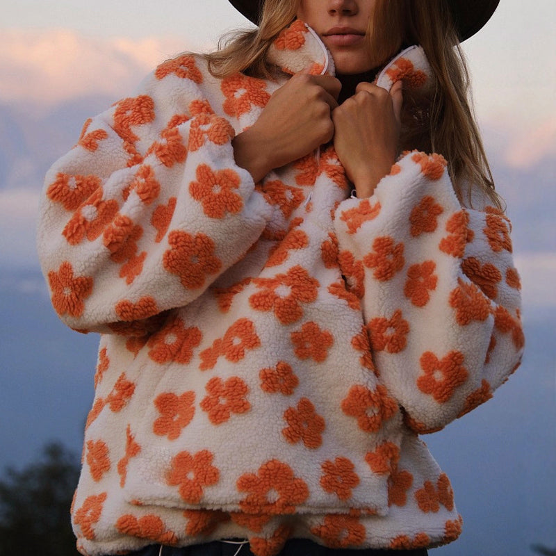 Women’s Half-Zip Fleece Sweatshirt with Floral Pattern