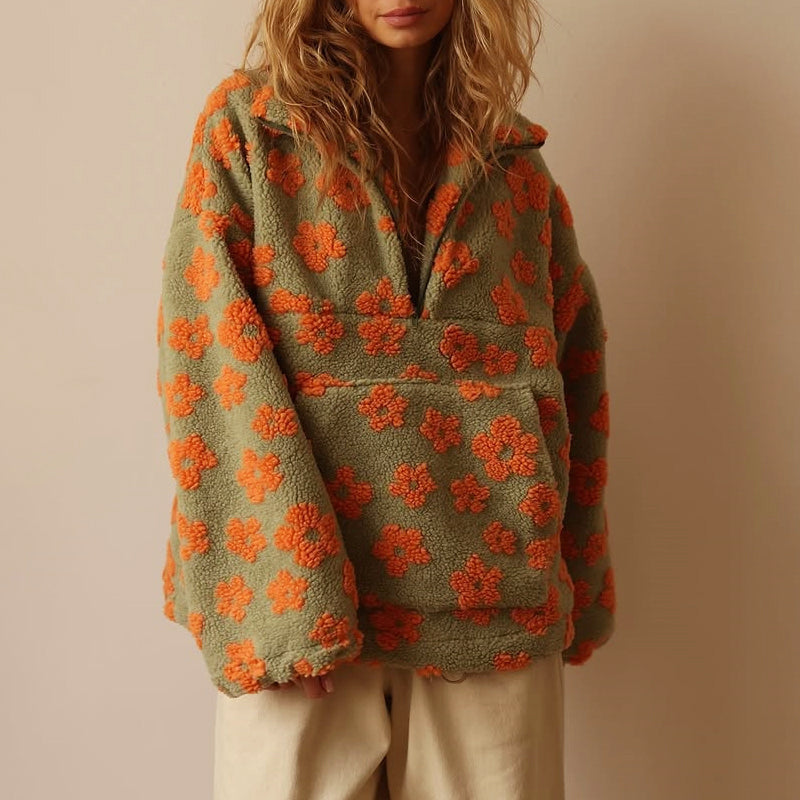Women’s Half-Zip Fleece Sweatshirt with Floral Pattern