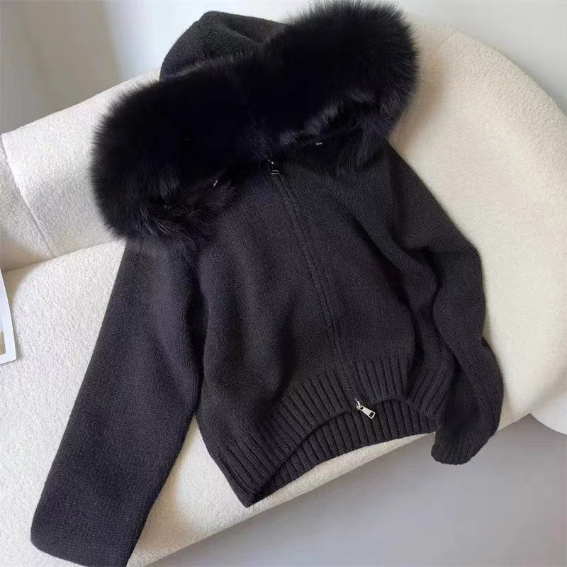 Women’s Hooded Cardigan with Faux Fur Trim
