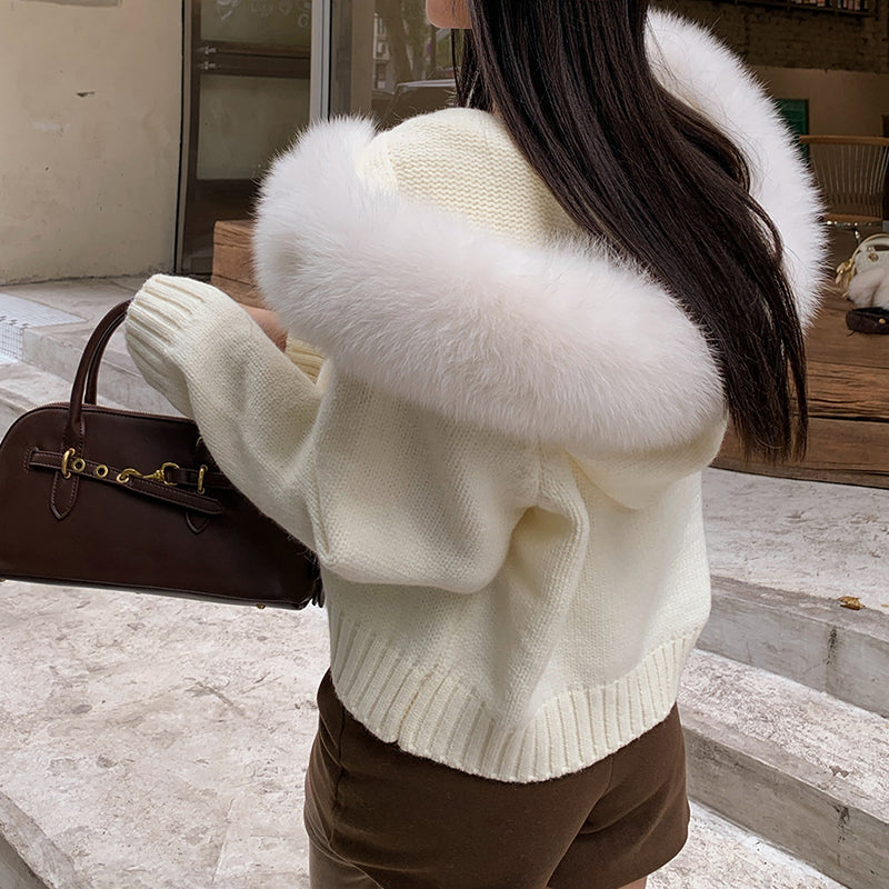 Women’s Hooded Cardigan with Faux Fur Trim