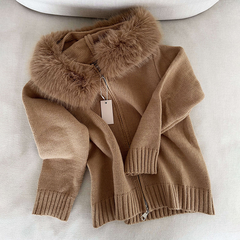 Women’s Hooded Cardigan with Faux Fur Trim