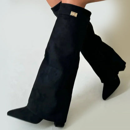 Women’s Knee-High Suede Boots with Fold-Over Cuff