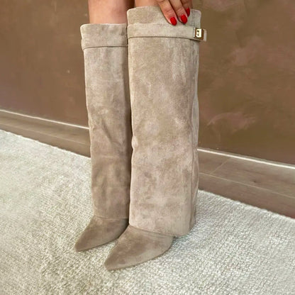 Women’s Knee-High Suede Boots with Fold-Over Cuff
