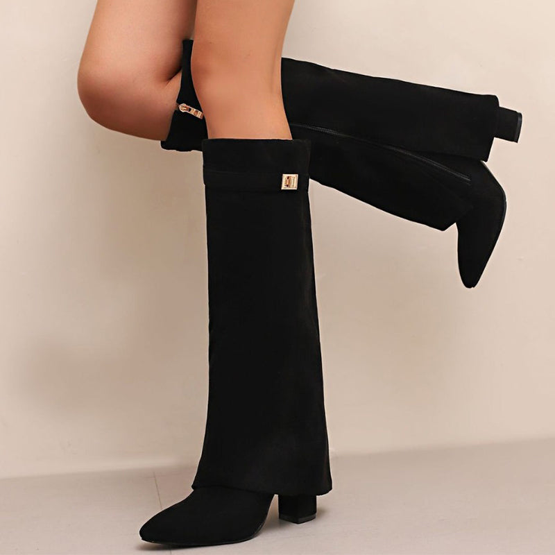 Women’s Knee-High Suede Boots with Fold-Over Cuff