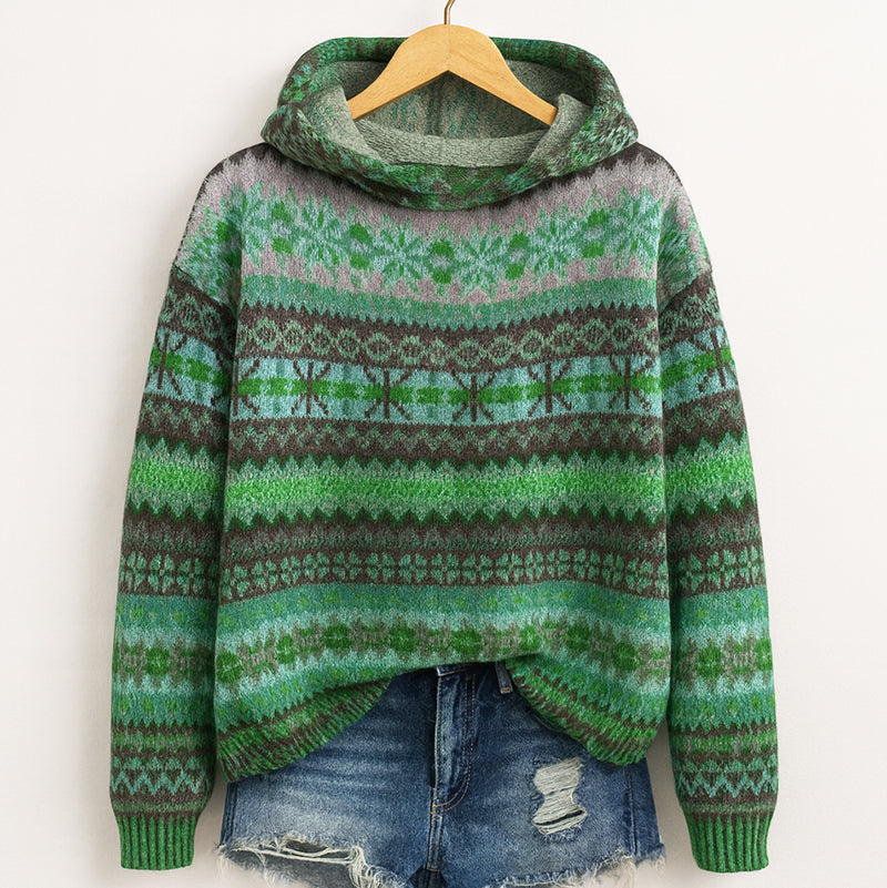 Women’s Knit Hoodie with Multicolor Pattern