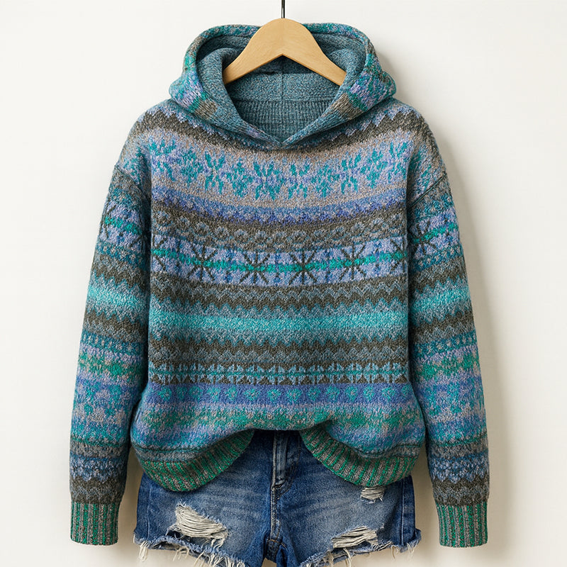 Women’s Knit Hoodie with Multicolor Pattern