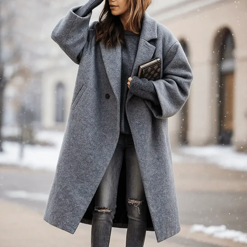 Women’s Long Coat with Wide Collar in Various Colors