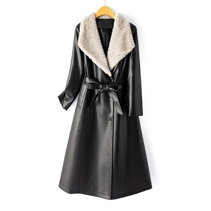 Women’s Long Faux Leather Coat with Down Lining