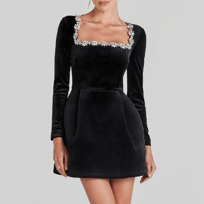 Women’s Long Sleeve Mini Dress with Embellished Neckline