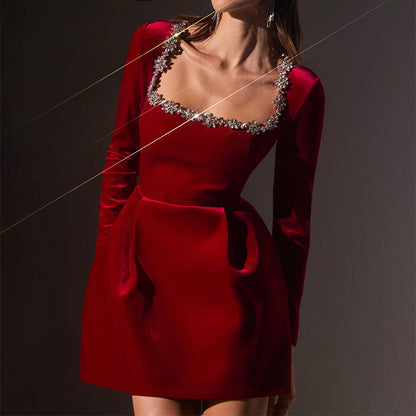 Women’s Long Sleeve Mini Dress with Embellished Neckline