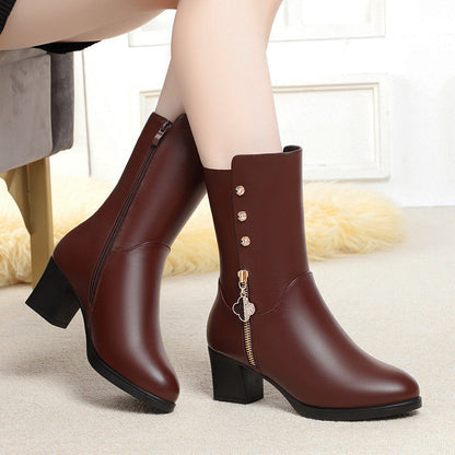Women’s Mid-Calf Leather Boots with Plush Lining