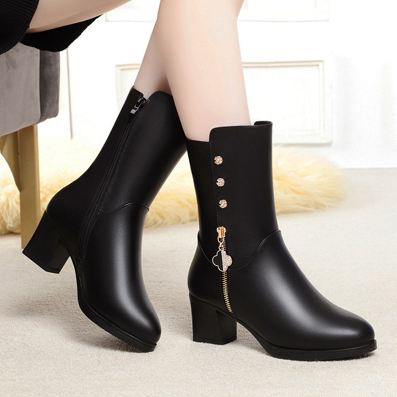Women’s Mid-Calf Leather Boots with Plush Lining