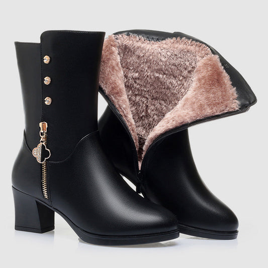 Women’s Mid-Calf Leather Boots with Plush Lining