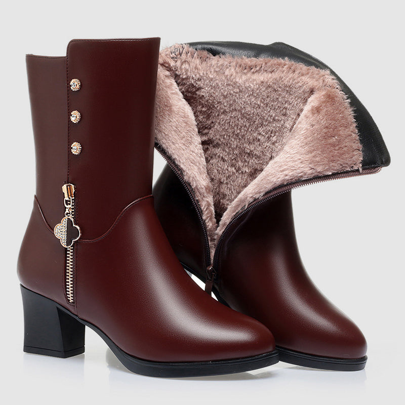 Women’s Mid-Calf Leather Boots with Plush Lining