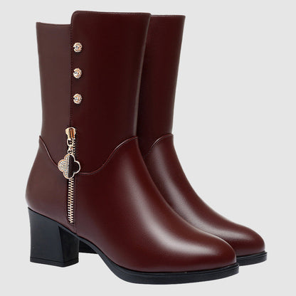 Women’s Mid-Calf Leather Boots with Plush Lining